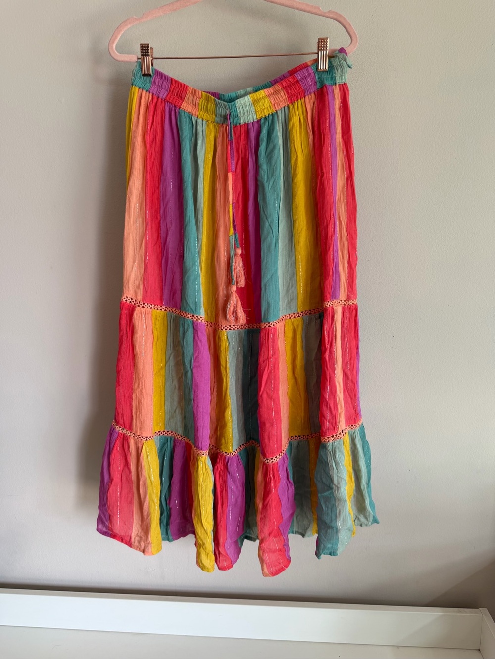 Gypsie Blu Colorful Striped Metallic Lurex Tiered Maxi Skirt Size L